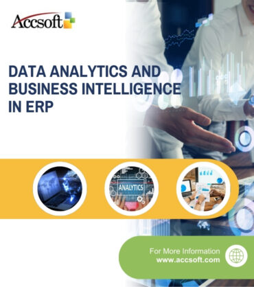 Visual representation of Data Analytics and Business Intelligence in ERP, featuring charts, graphs, and AI-driven insights for business decision-making.