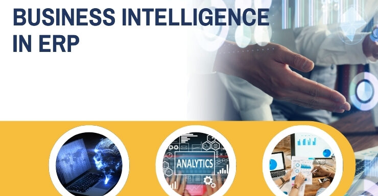 Visual representation of Data Analytics and Business Intelligence in ERP, featuring charts, graphs, and AI-driven insights for business decision-making.