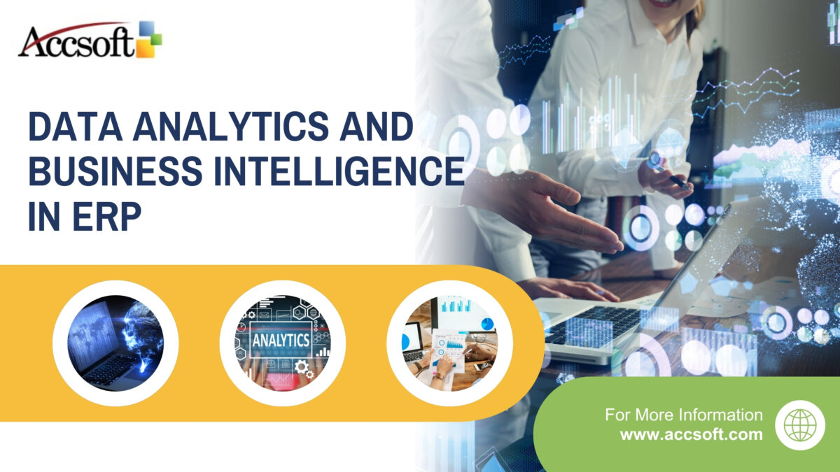 Visual representation of Data Analytics and Business Intelligence in ERP, featuring charts, graphs, and AI-driven insights for business decision-making.